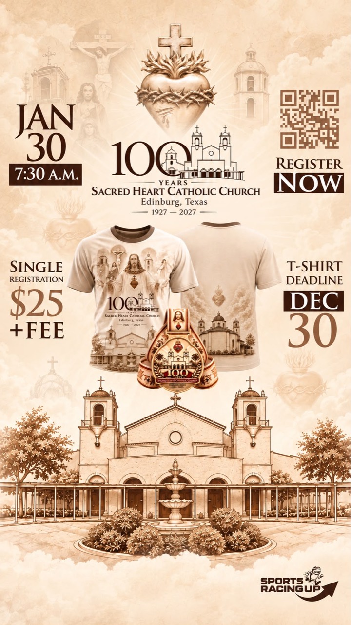 Sacred Heart Catholic Church 100 Years 5K flyer: January 30 at 7:30 a.m., single registration $25 plus fee, T-shirt deadline December 30, and a QR code to register.