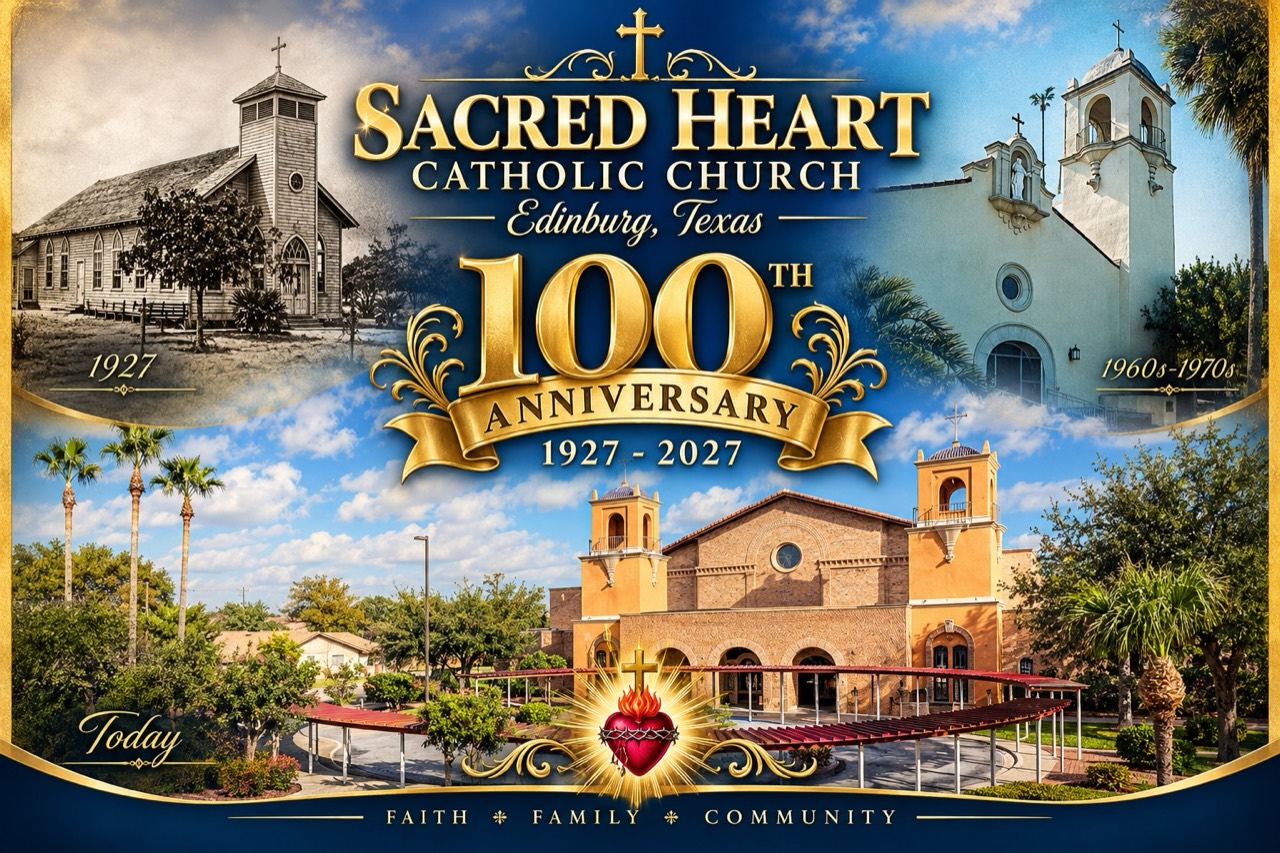 Sacred Heart Catholic Church 100th Anniversary artwork showing the 1927 church, the 1960s–1970s church, the present church, and the words Faith, Family, Community.